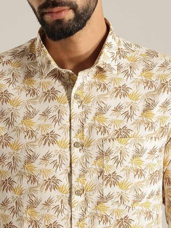Indian Terrain Men's Slim Fit Full Sleeve All Over Print Beige Shirt